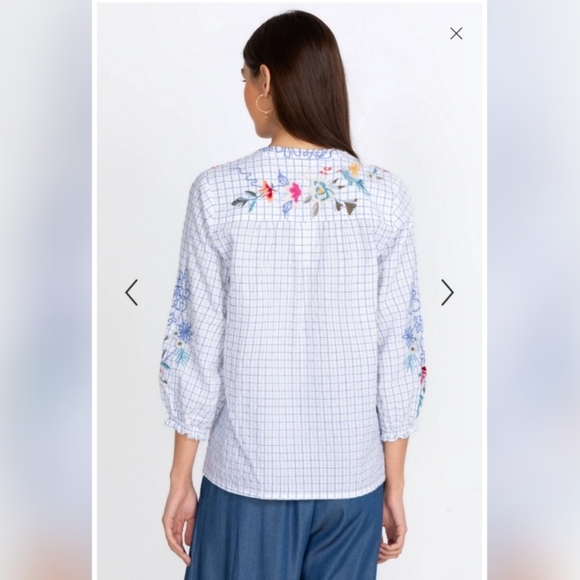 Johnny Was Workshop Miro Tassle Blue White Embroidered Blouse Sz Large MSRP $235 - Picture 2 of 10